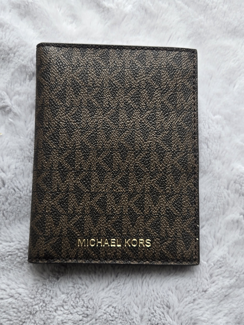 Michael Kors Men's Brown MK Logo Passport Wallet - Gold Logo